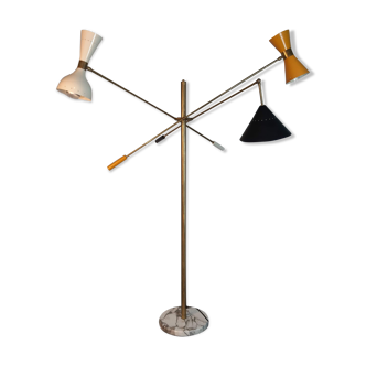 Italian brass lamppost 3 spots on reclining stems, marble base mid-century style 1950s