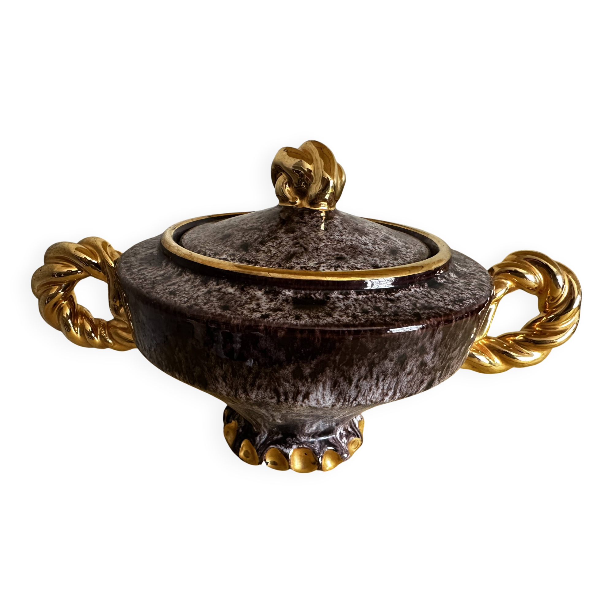 Vallauris ceramic sugar bowl, burgundy and gilded, by Marius Giuge