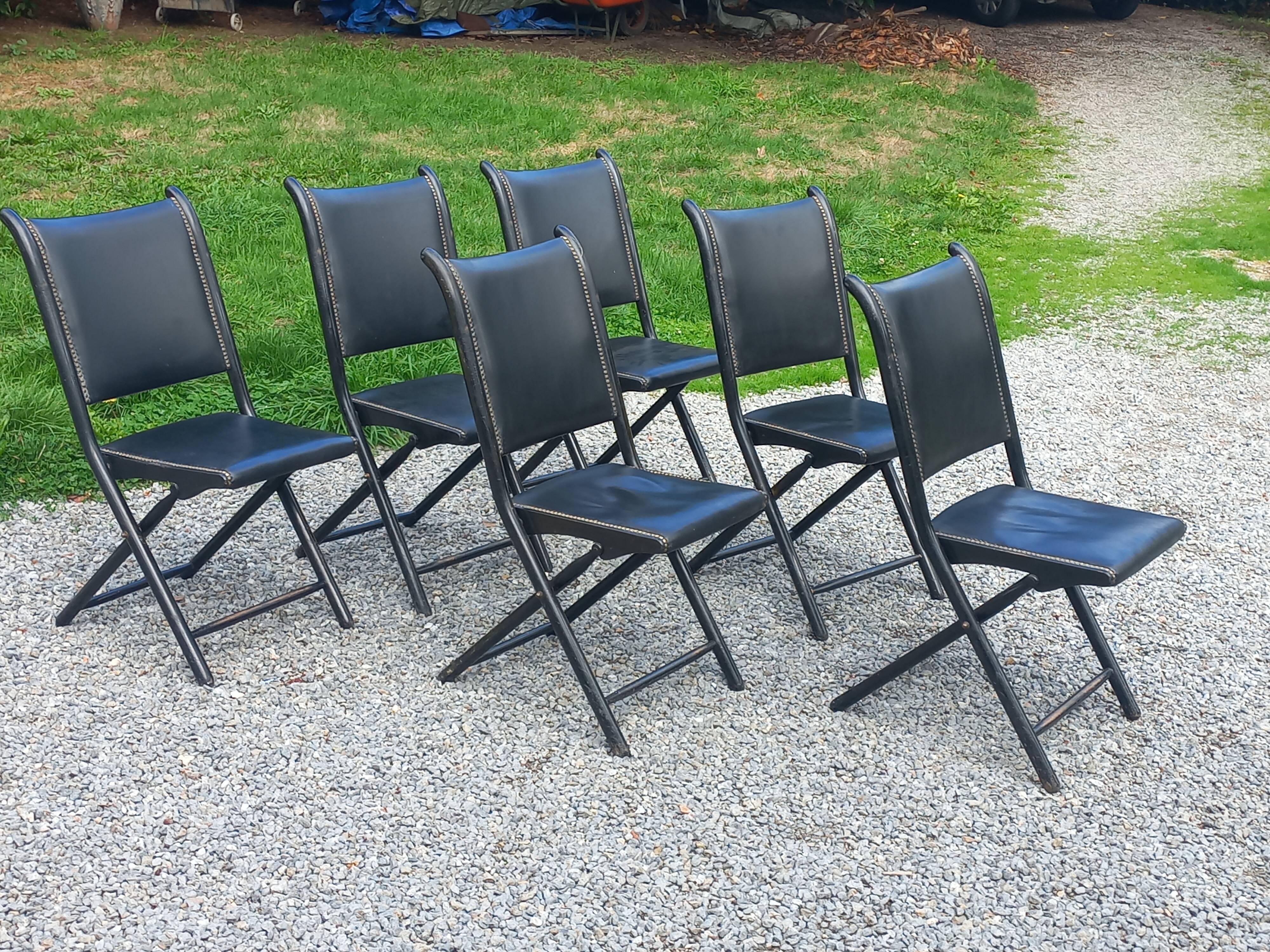 Set of 6 folding chairs, 70s design, 3 leather, 3 moleskin