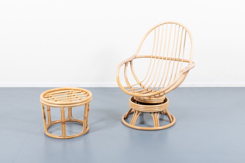 Lounge armchair with vintage bamboo side table