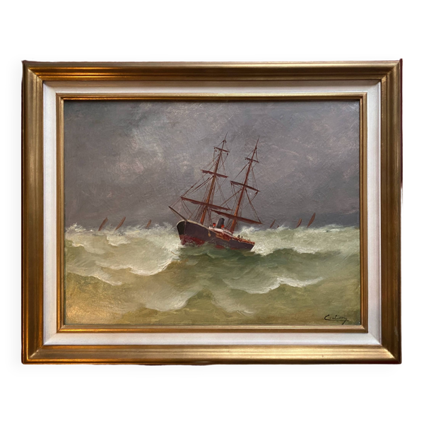 Tableau encadré HST XIX° siècle "Bateau par gros temps" signé C. Lion