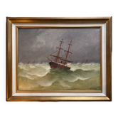 Tableau encadré HST XIX° siècle "Bateau par gros temps" signé C. Lion