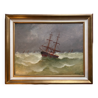 19th century HST painting "Boat in heavy weather" signed C. Lion + frame