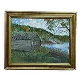 Huile su panneau suédoise "Une Maison" par artiste inconnu, vintage et encadrée 42×35cm