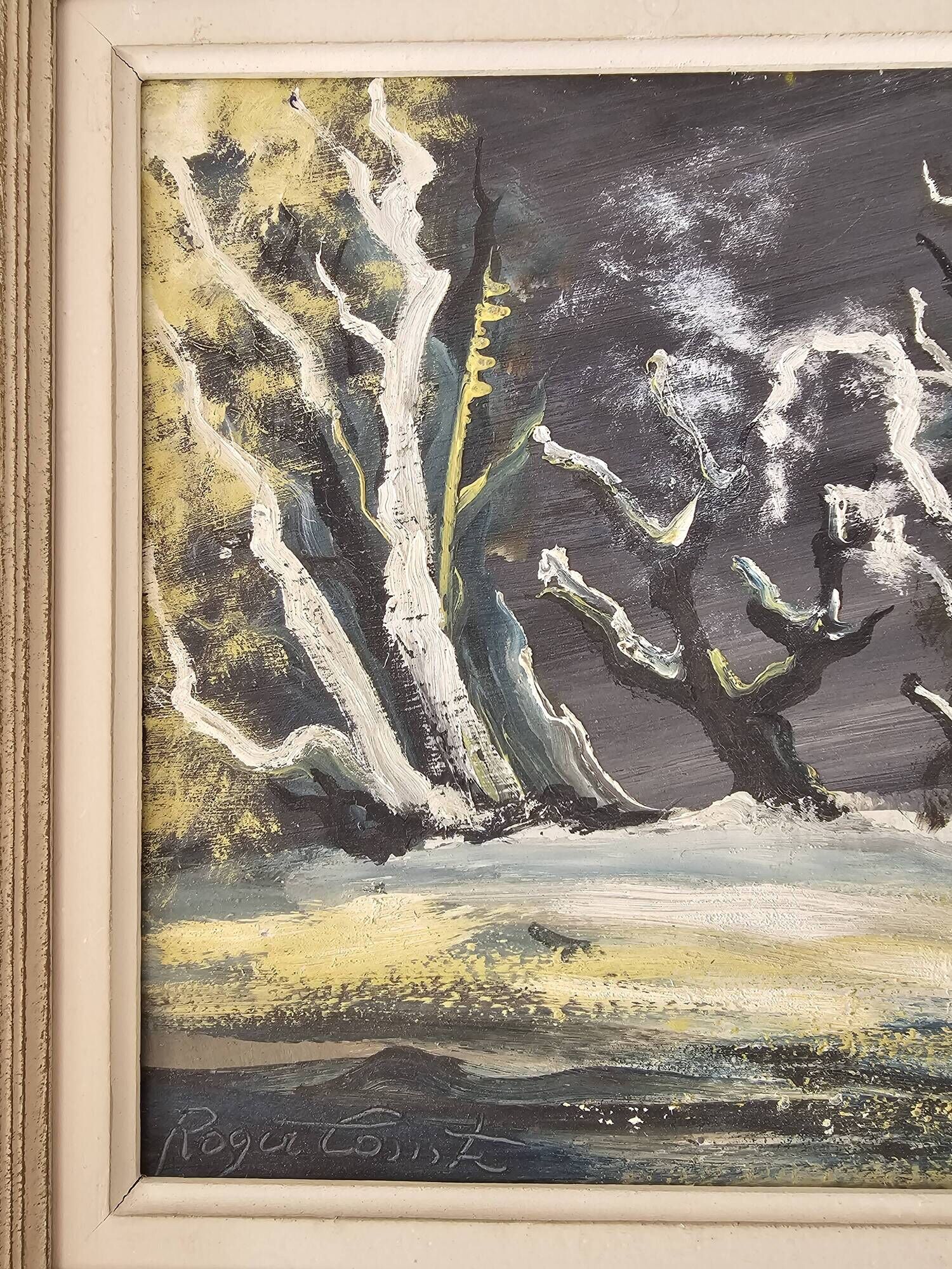 Oil painting on panel Winter Landscape signed Roger Comte