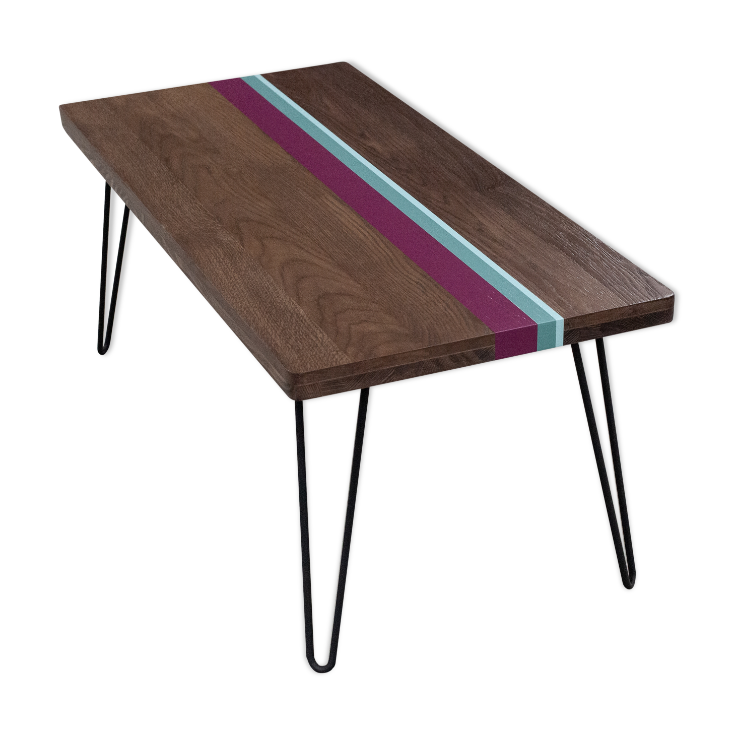 Solid oak coffee table with colored bands on pin legs