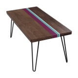Solid oak coffee table with colored bands on pin legs