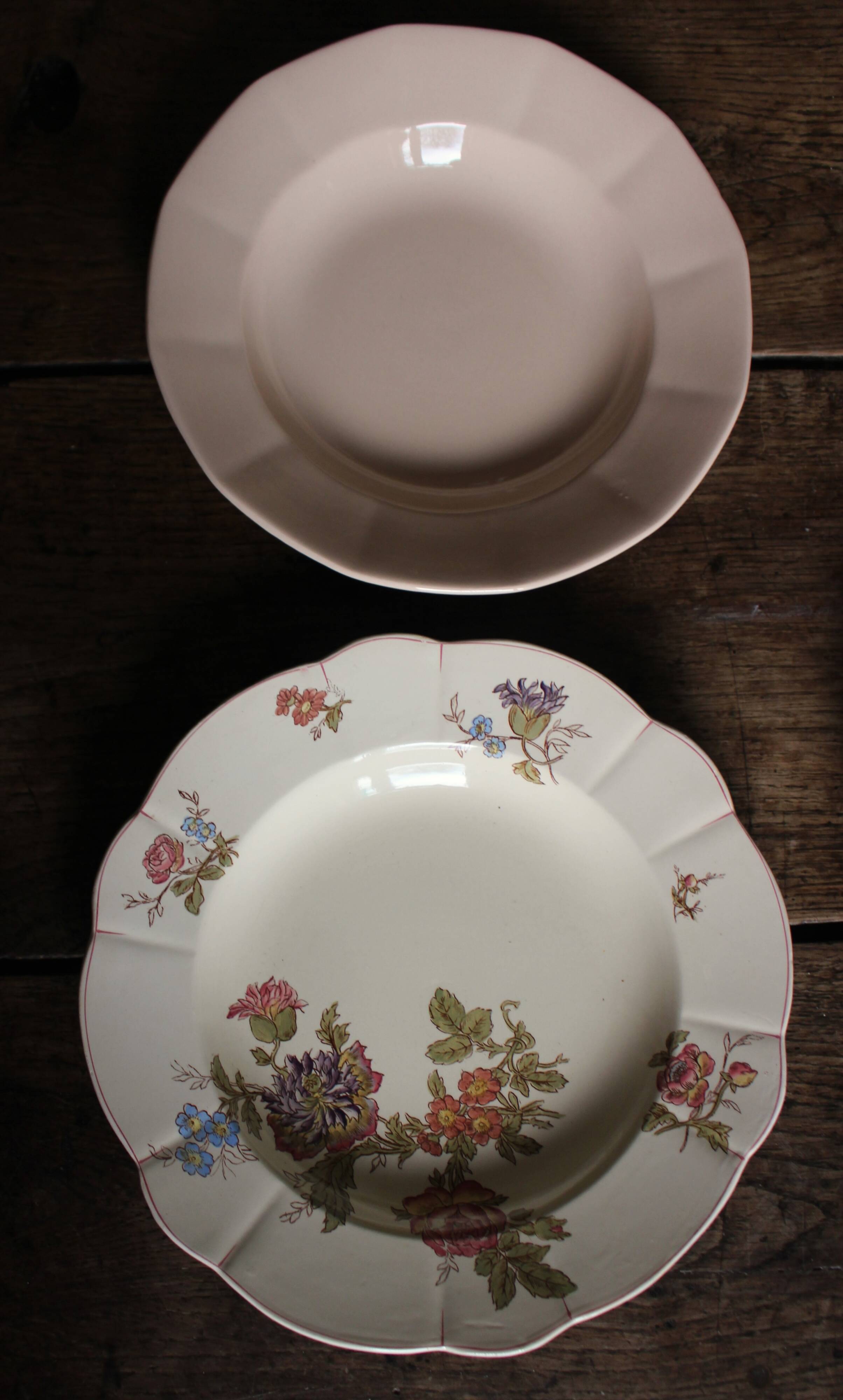 6 mismatched Terre de Fer soup plates from Digoin Sarreguemines