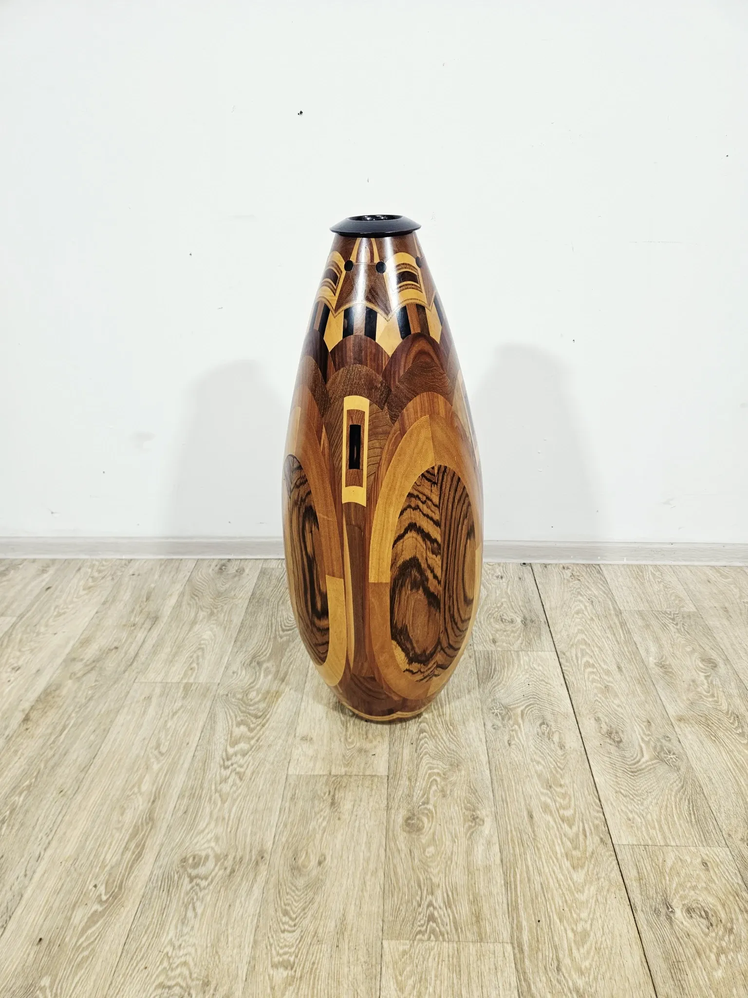 Monumental wooden floor vase / intarsia / wood mosaic / Africa / 1950s–1960