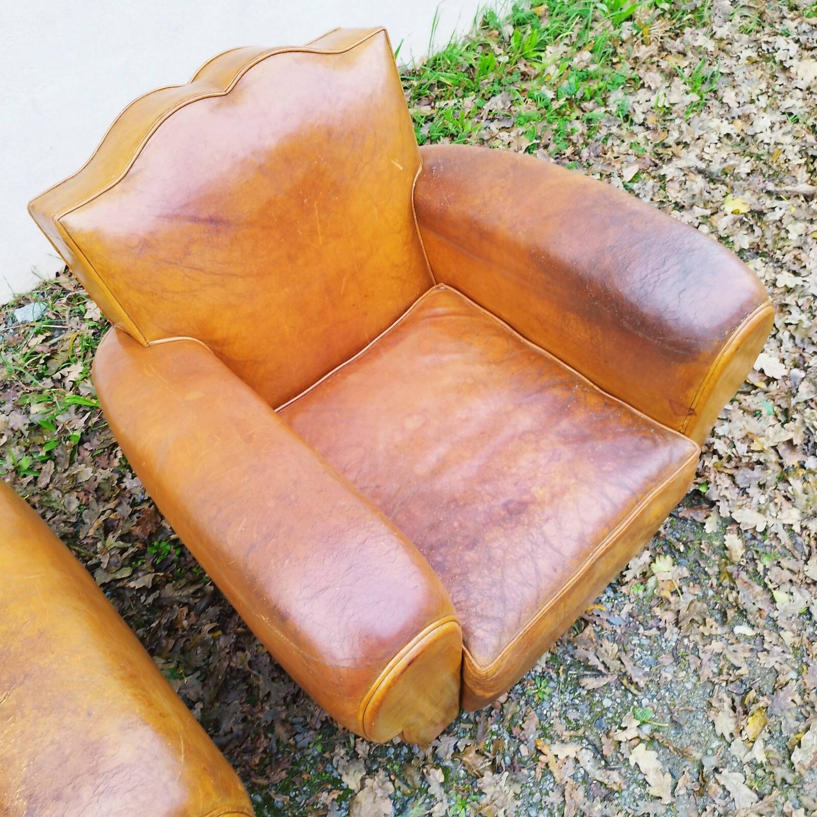 Paire de fauteuils club Moustache vintage cuir fauve