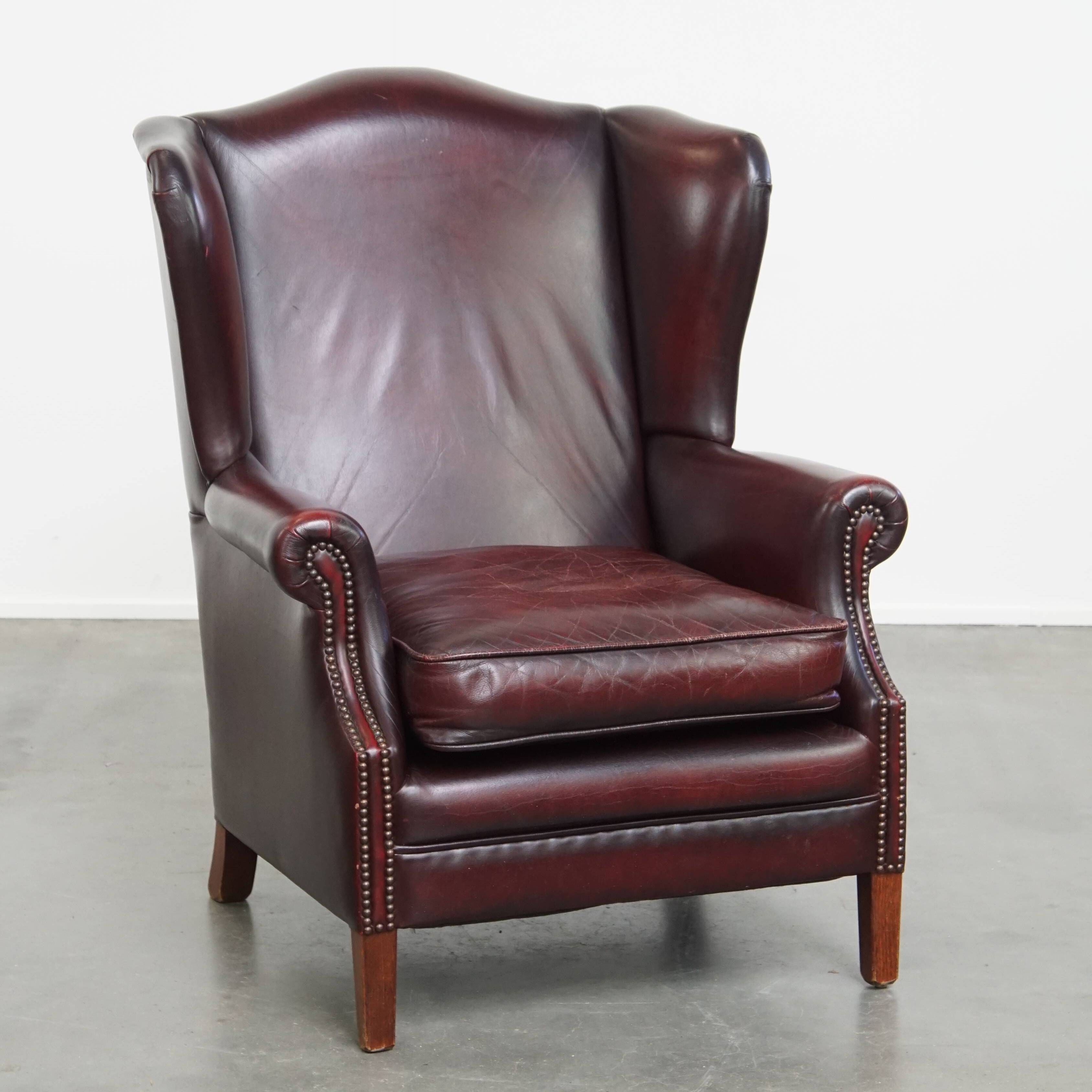 Bordeaux Red Cowhide Wingback Chair in English Style