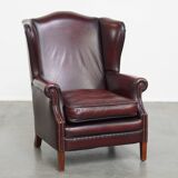 Bordeaux Red Cowhide Wingback Chair in English Style