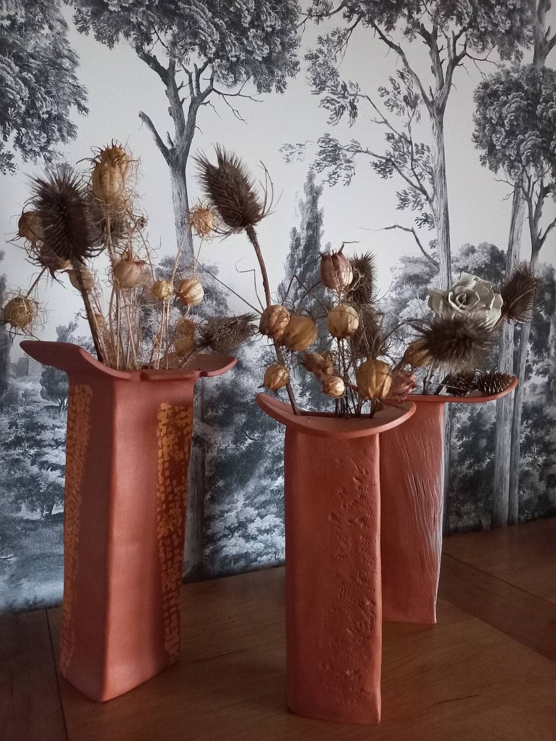 Trio of terracotta vases, unique pieces