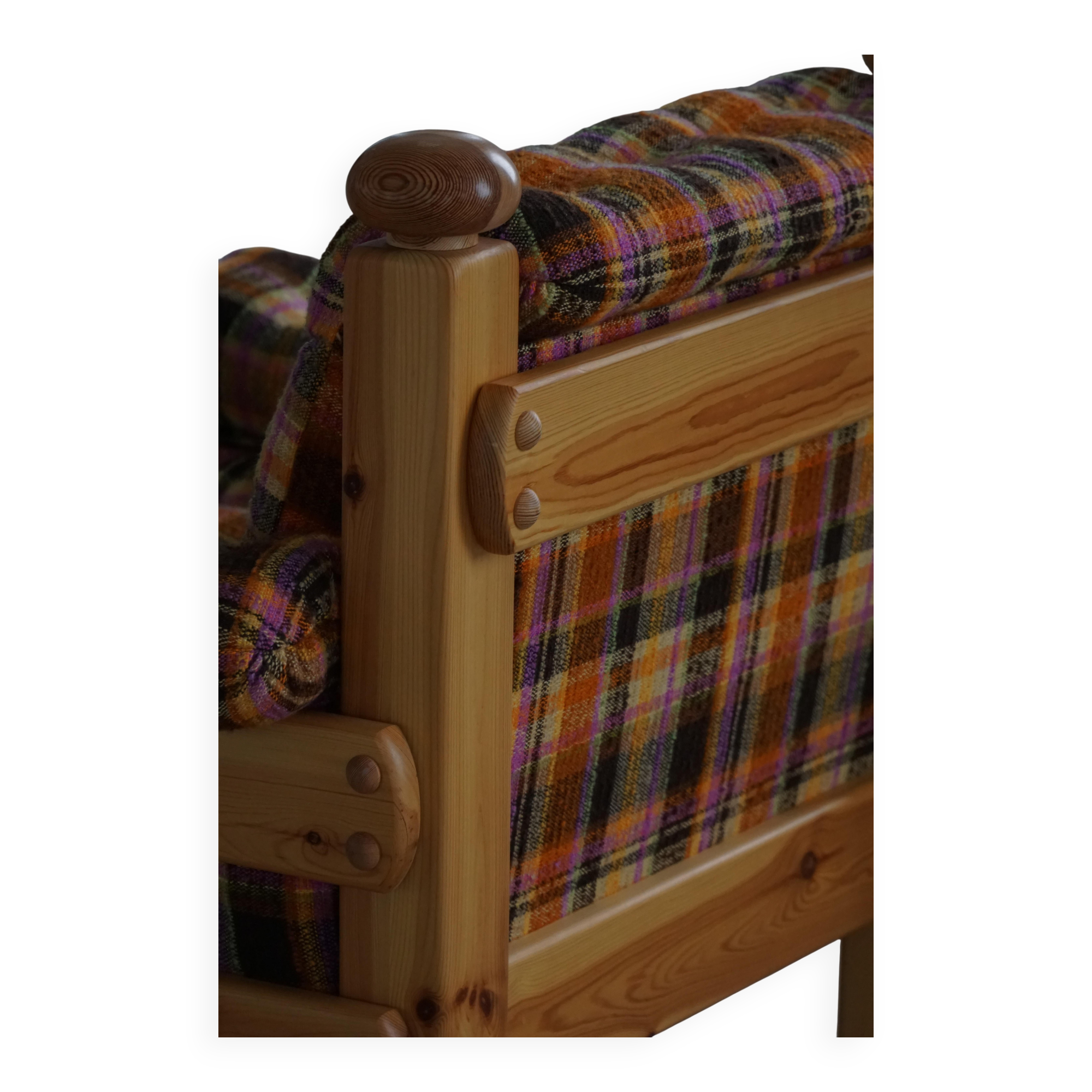 Brutalist lounge chair in solid pine, Swedish modern, made in the 1970s.