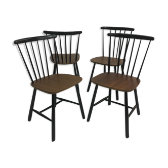 Vintage Scandinavian Spindle Back Dining Chairs, 1950s, Set of 4