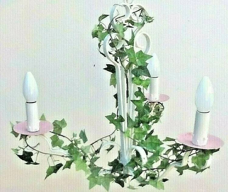 Antique chandelier Maison Delmas white wrought iron / decorated with artificial ivy