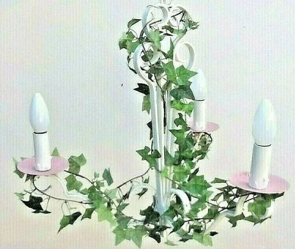 Lustre ancien Maison Delmas Fer forgé blanc / décoré de lierre artificielle