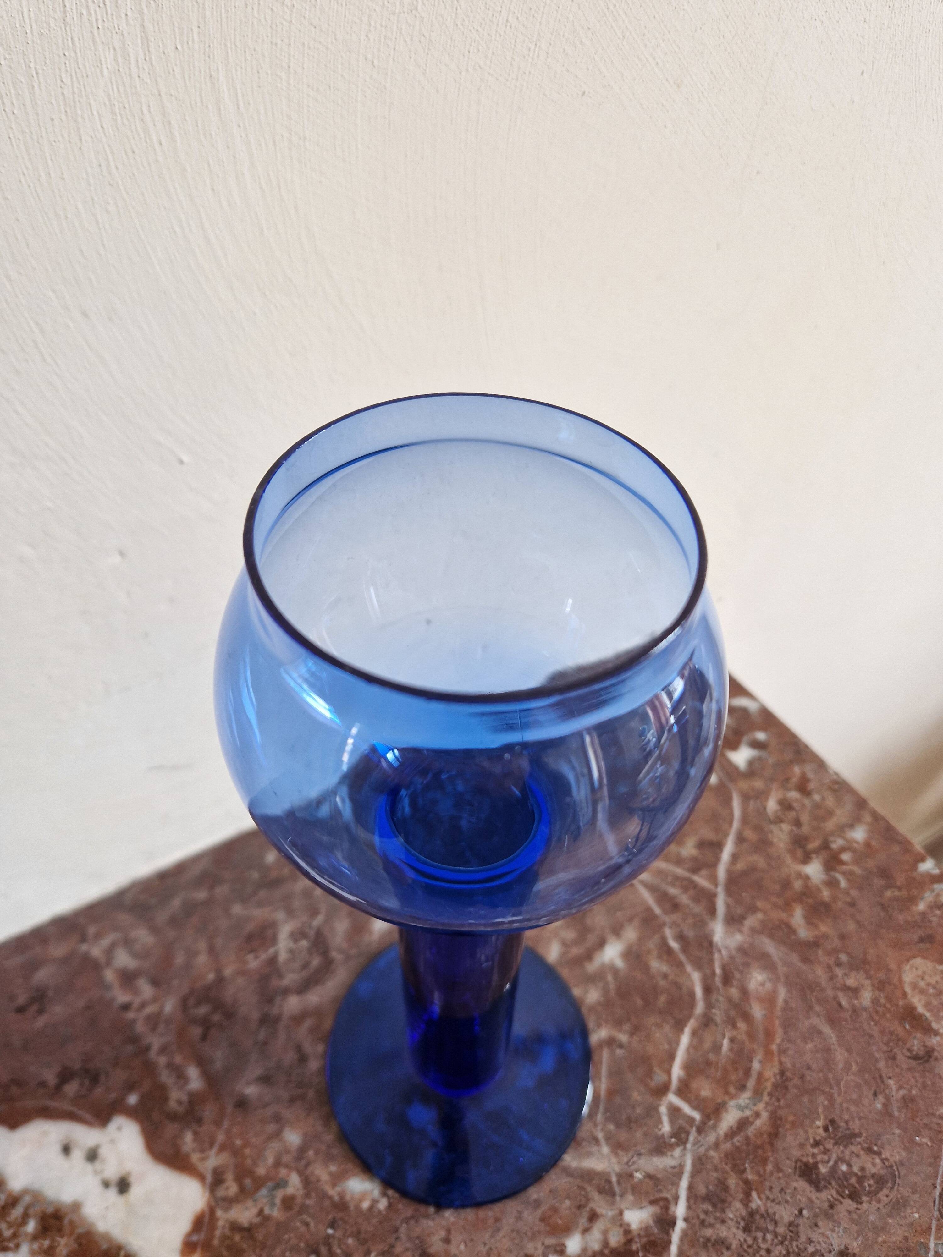 Vintage blue glass footed bowl vase from the 1970s.