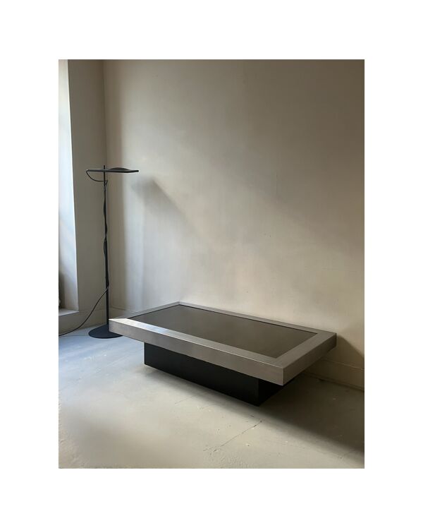 Table basse rectangulaire noire métal & verre fumé dlg Willy Rizzo, 1970