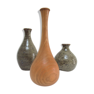 Trois vases grès pyrité bois vintage