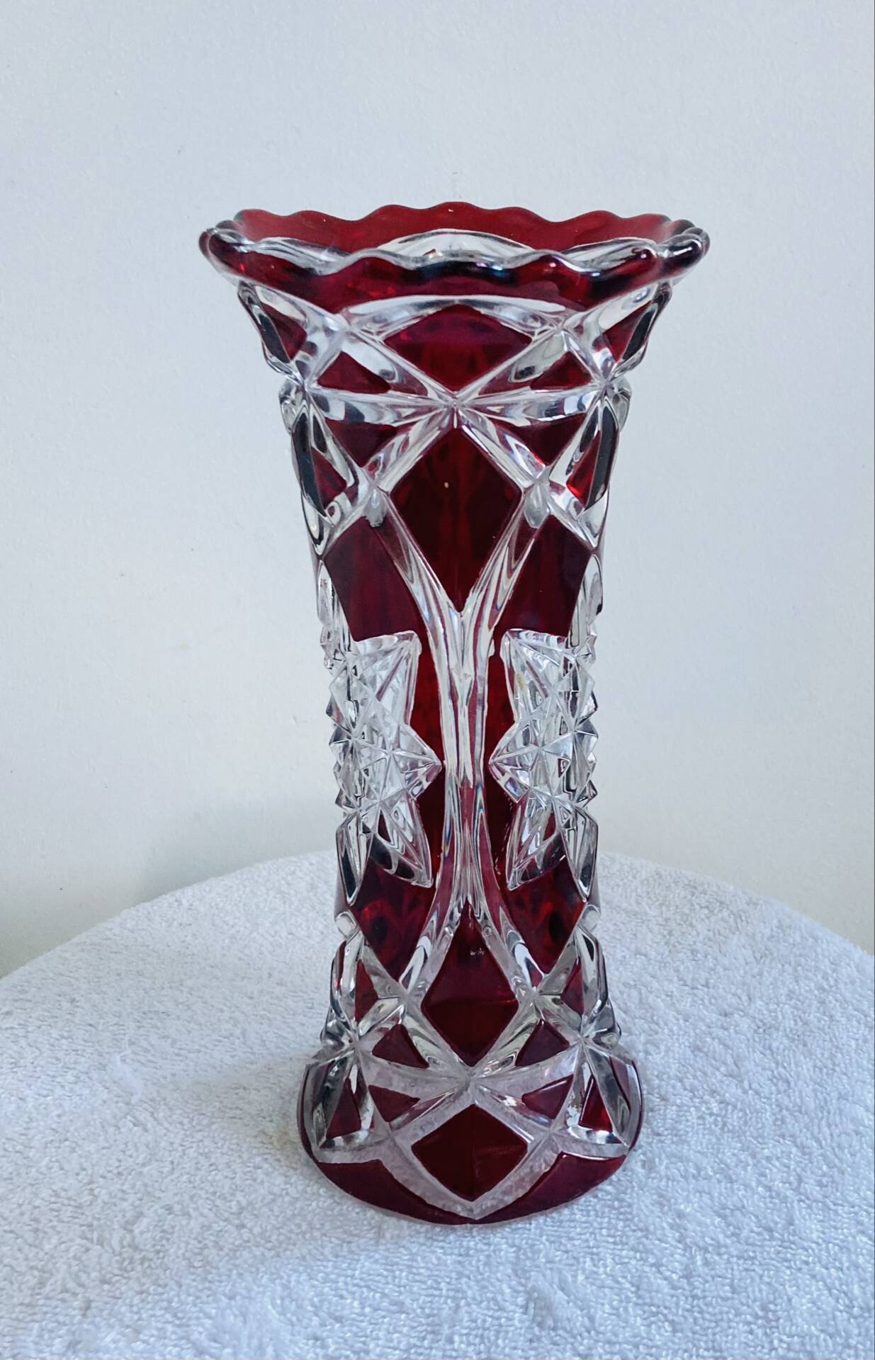 Antique bohemian crystal vase from the mid-20th century in bacara style.