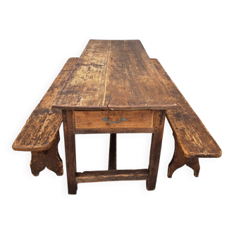 19th-century solid pine farmhouse table and its two benches.