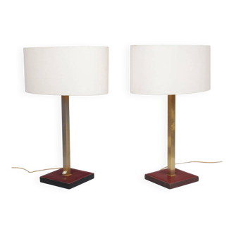 Pair of leather and brass table lamps from the 1960s, originating from Belgium.