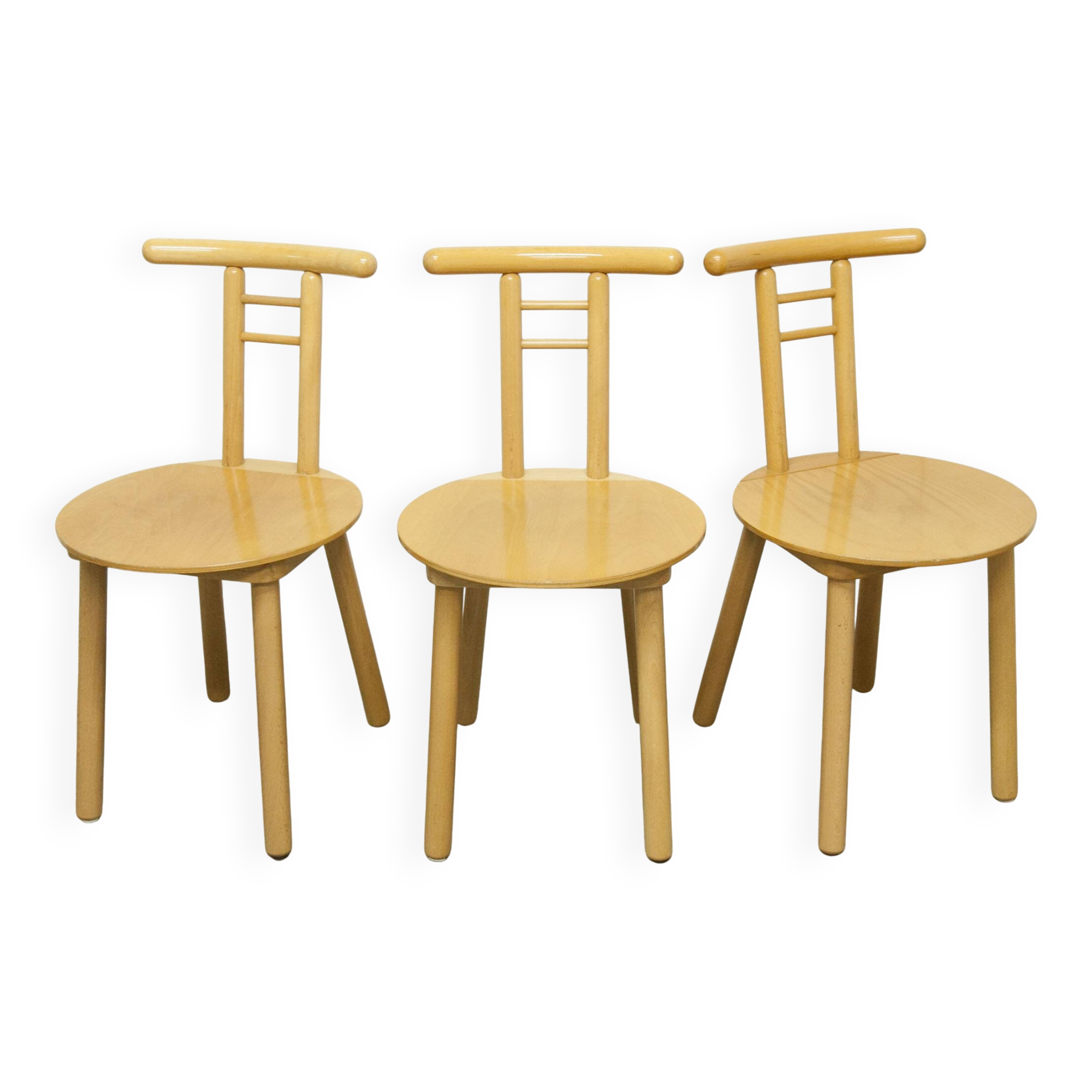 Set of 3 minimalist chairs in light wood 1980 Italy