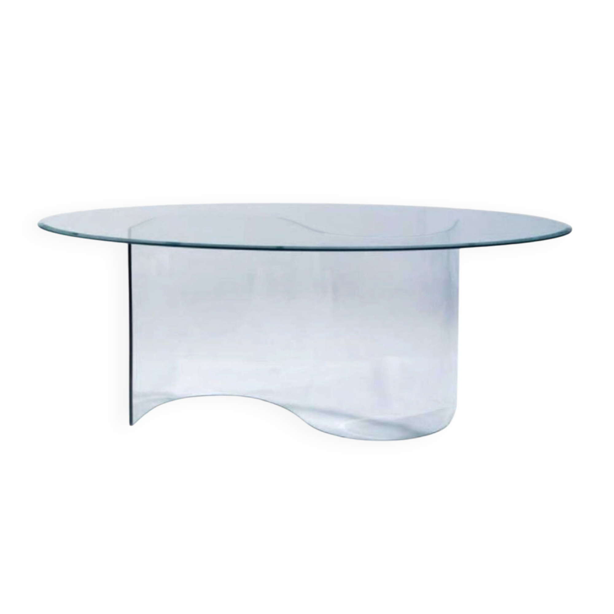 Large glass table with a curved leg.