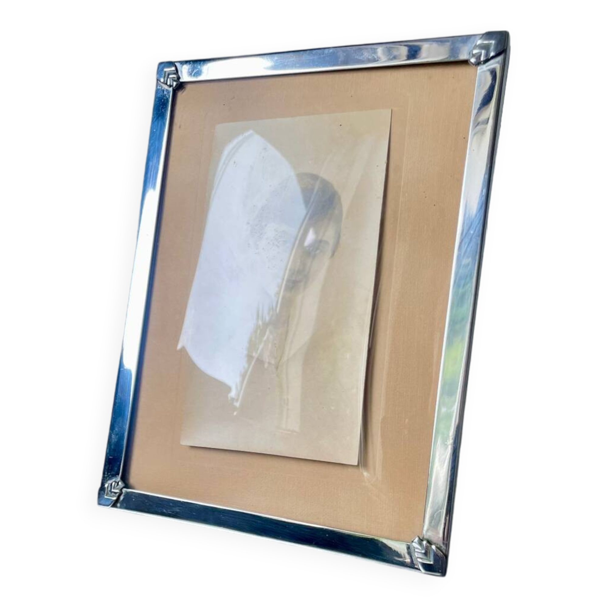 Art deco silver colored  metal frame  20.5  cm x 15.5 cm convex glass