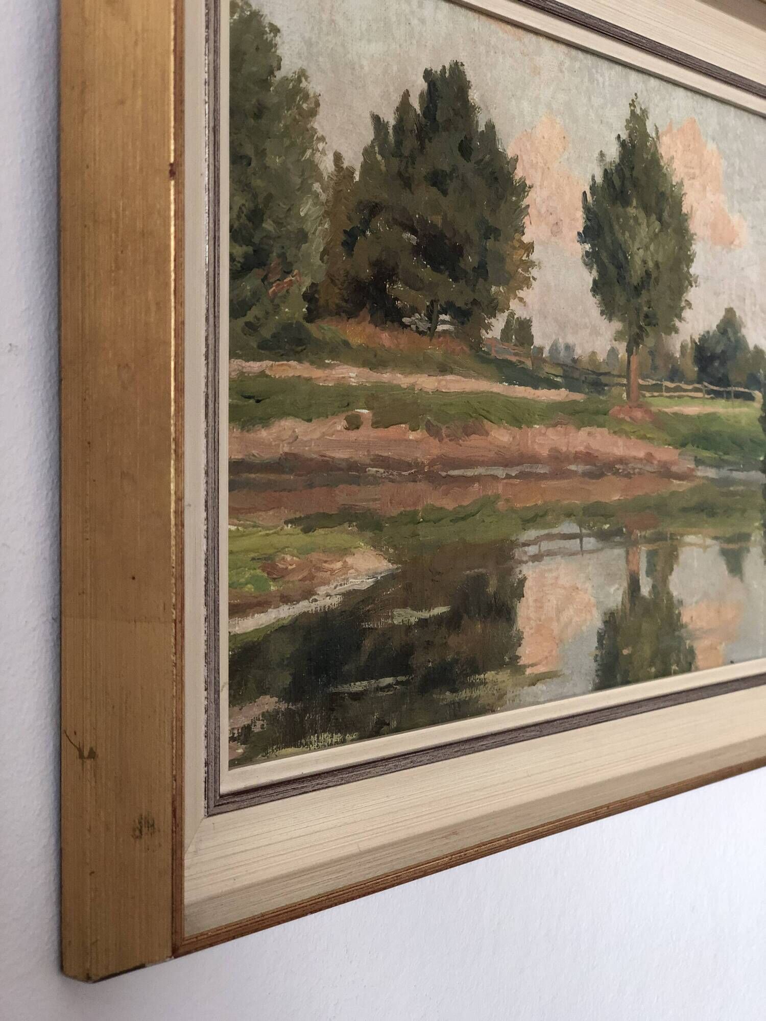 Vintage Original River Landscape Oil Painting: Framed Countryside Art