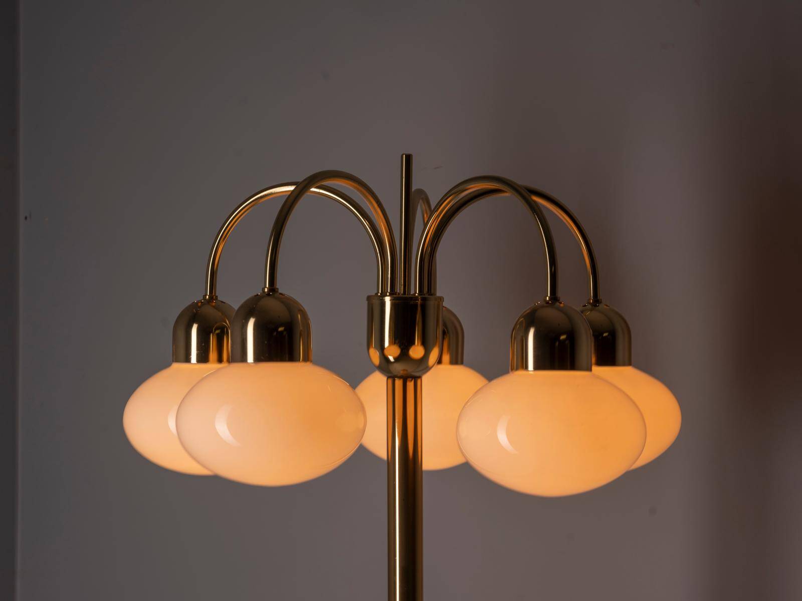 Vintage brass floor lamp with five opaline glass shades, mid-century, Czechoslovakia, 165 × 60 × 30 cm
