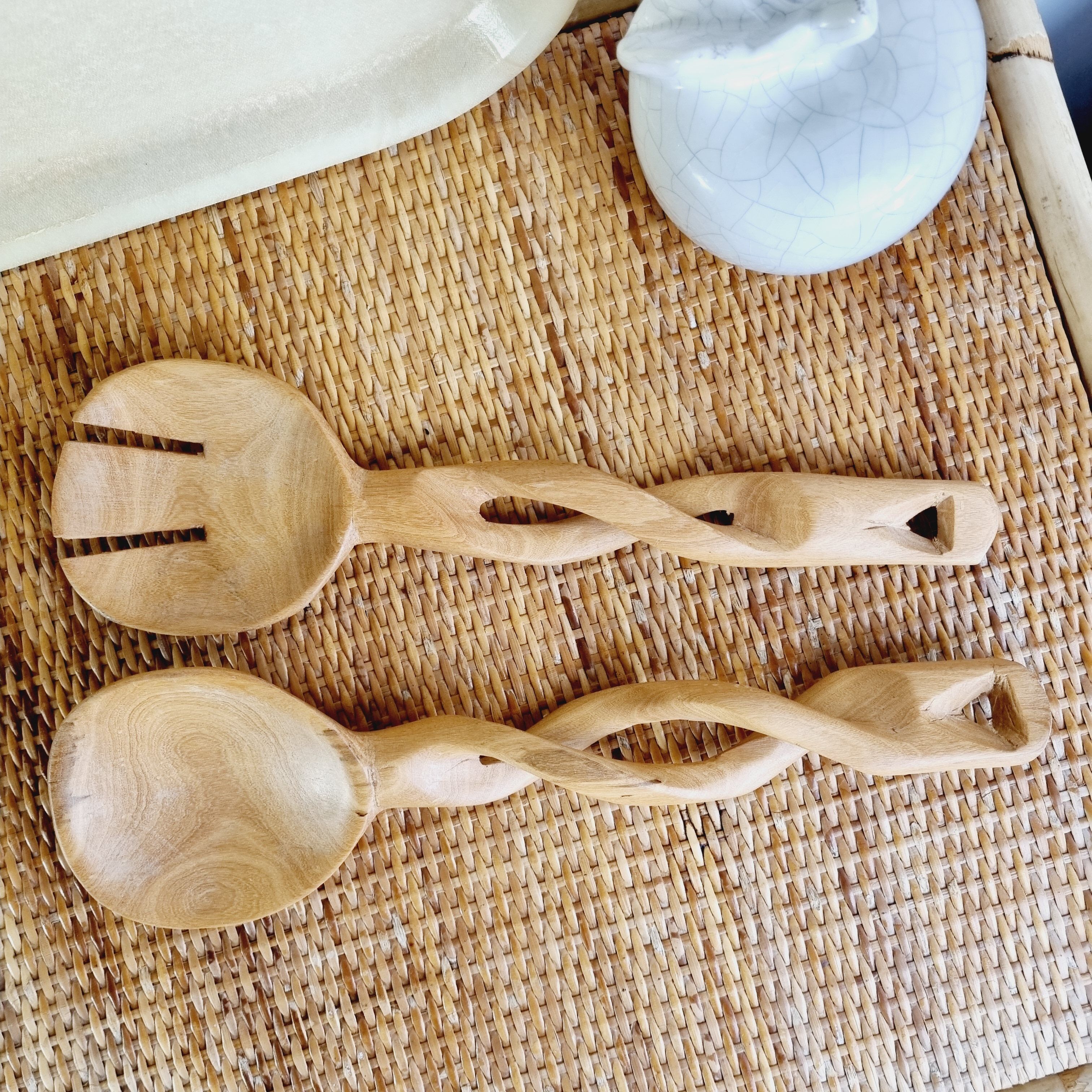 Set of hand-carved olive wood salad cutlery