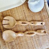 Set of hand-carved olive wood salad cutlery