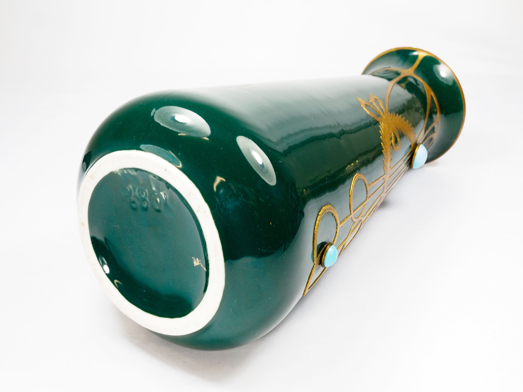 Antique secession vase in ceramic green glaze with copper & turquoise-1900s