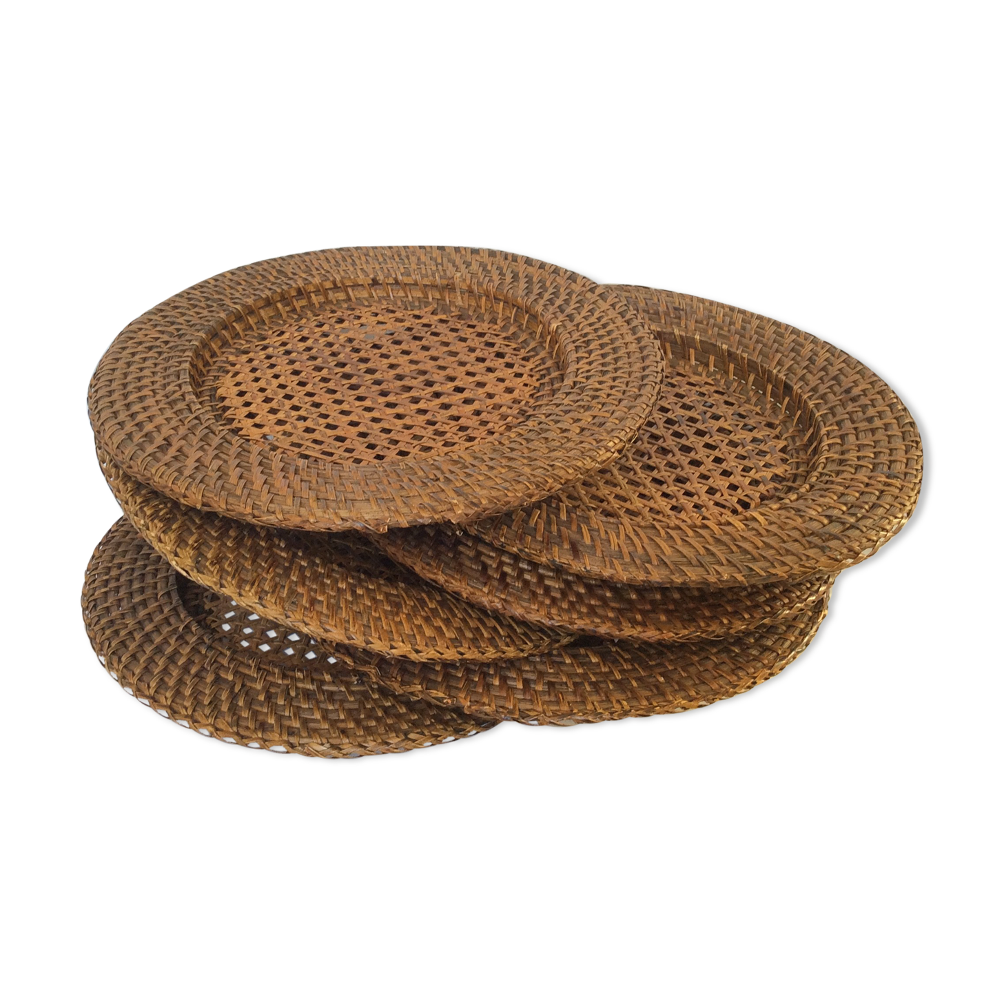 Six rattan under-plates, basketry, wicker