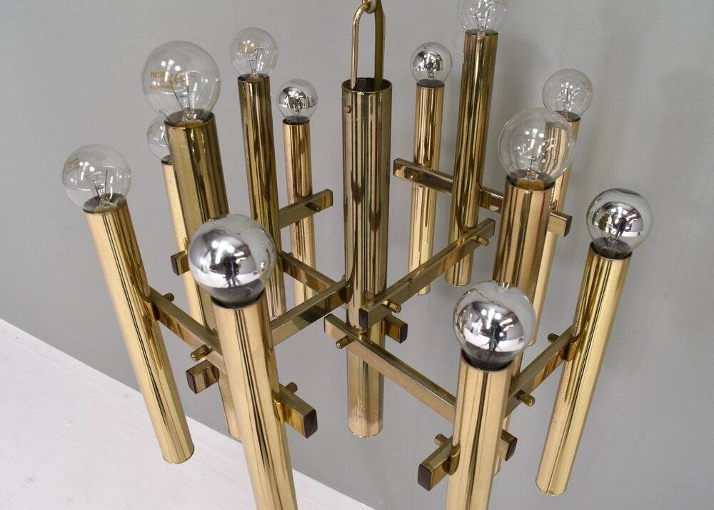 Italian brass chandelier 12 spot pendant lamp by Gaetano Sciolari, 1970s
