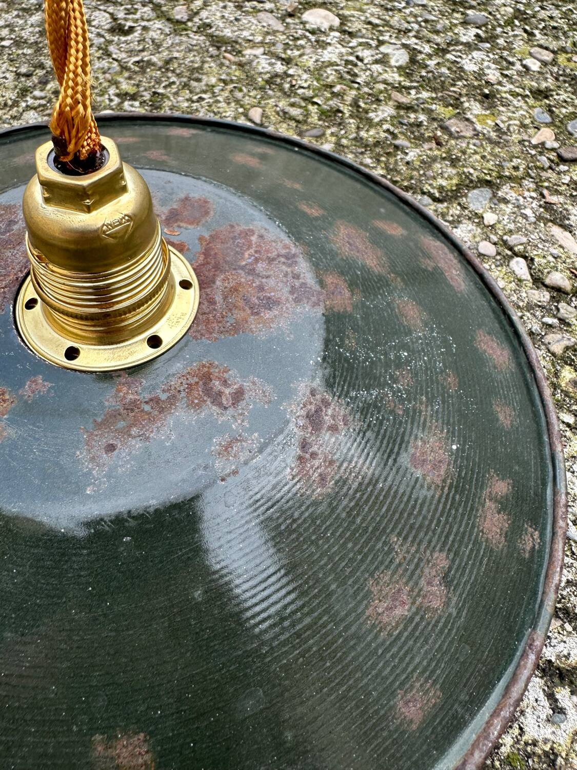 Old industrial black and white vintage enameled sheet metal pendant light