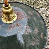 Old industrial black and white vintage enameled sheet metal pendant light