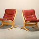 Pair Ingmar Relling Siesta Lounge Chairs in Beech and Burgundy Leather