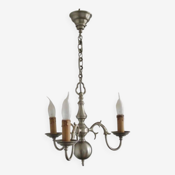 Small vintage french 3 light silver metal flemish style chandelier