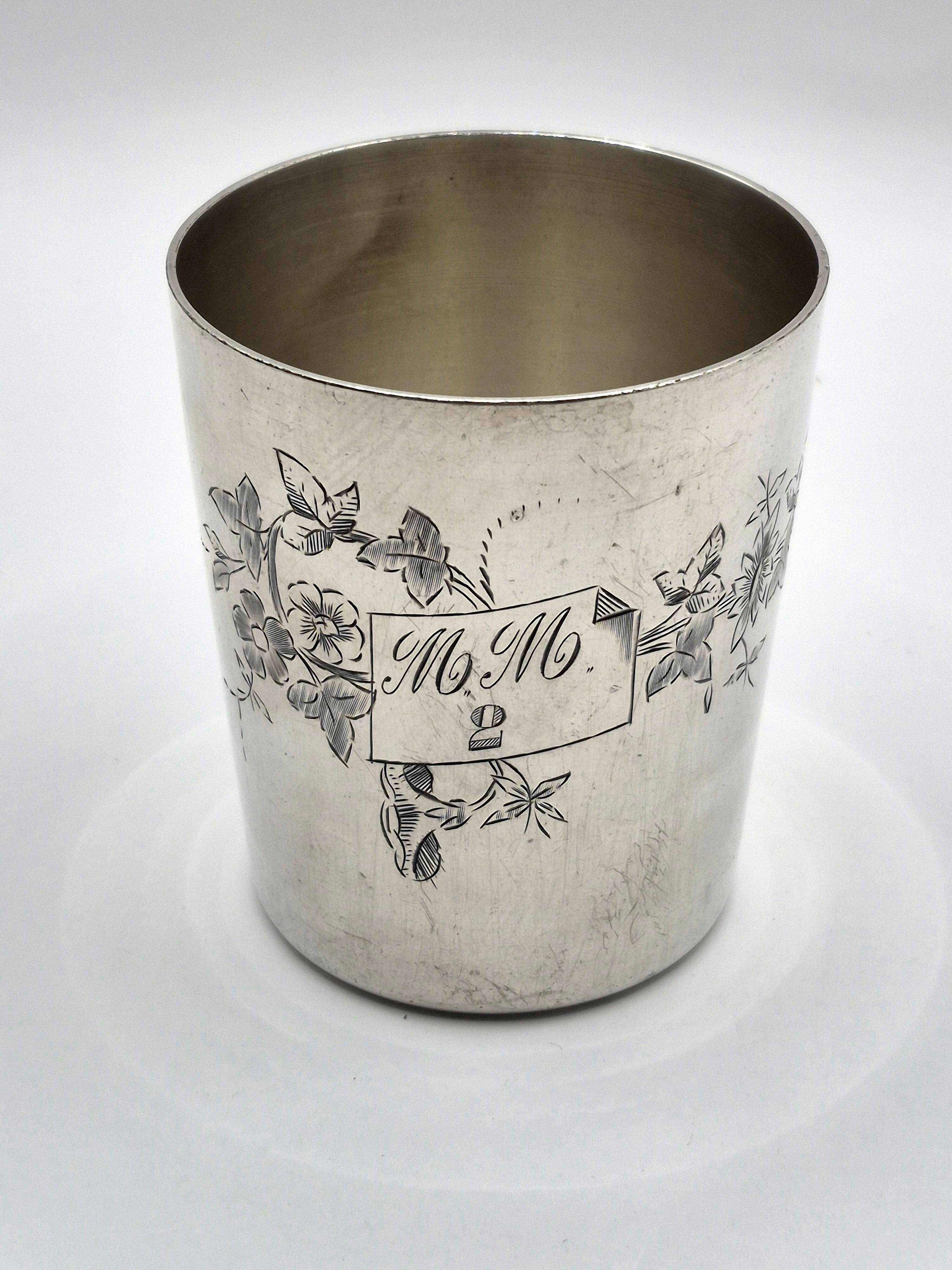 Ercuis silver-plated timbale, engraved floral decoration and monogram m.m – a23
