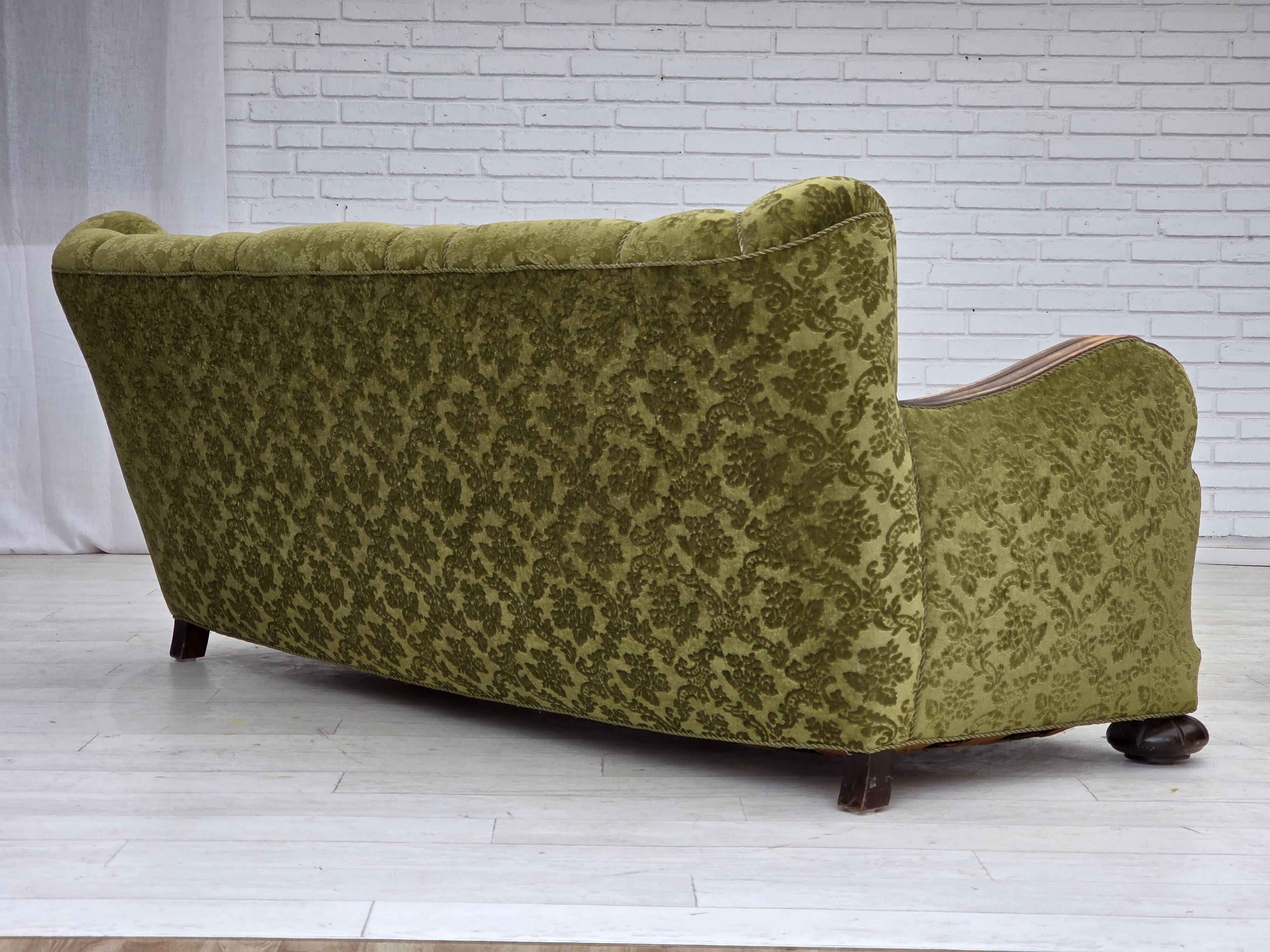 1960s, Danish 3-seater sofa, furniture velour, carved oak wood.