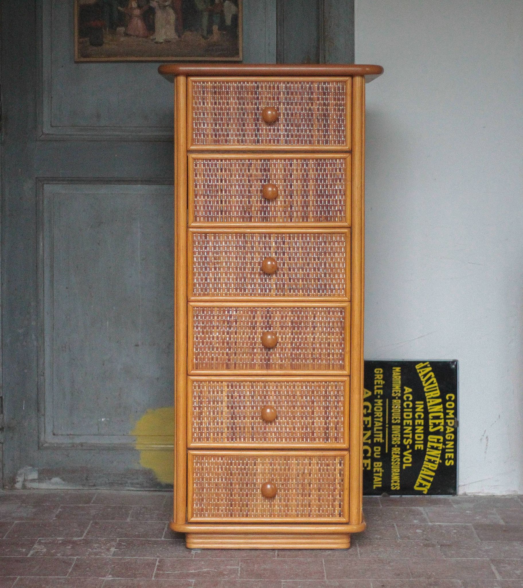 Vintage chest of drawers, Maugrion rattan weekly organizer for Roche Bobois