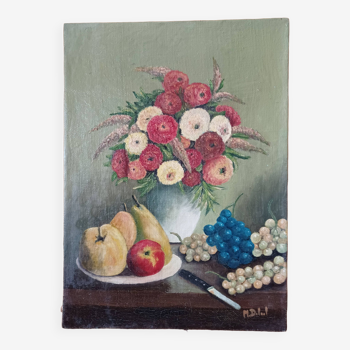 Still life flowers and fruits painting on canvas signed
