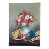 Still life flowers and fruits painting on canvas signed