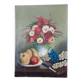 Still life flowers and fruits painting on canvas signed