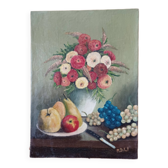 Still life flowers and fruits painting on canvas signed