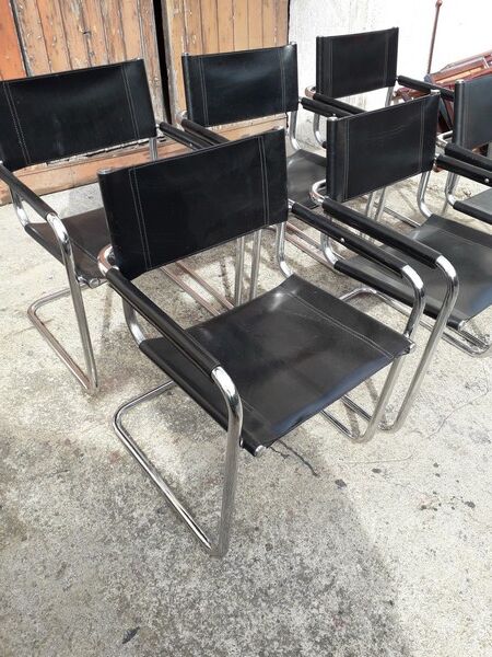 6 Bauhaus armchairs steel and leather / design
