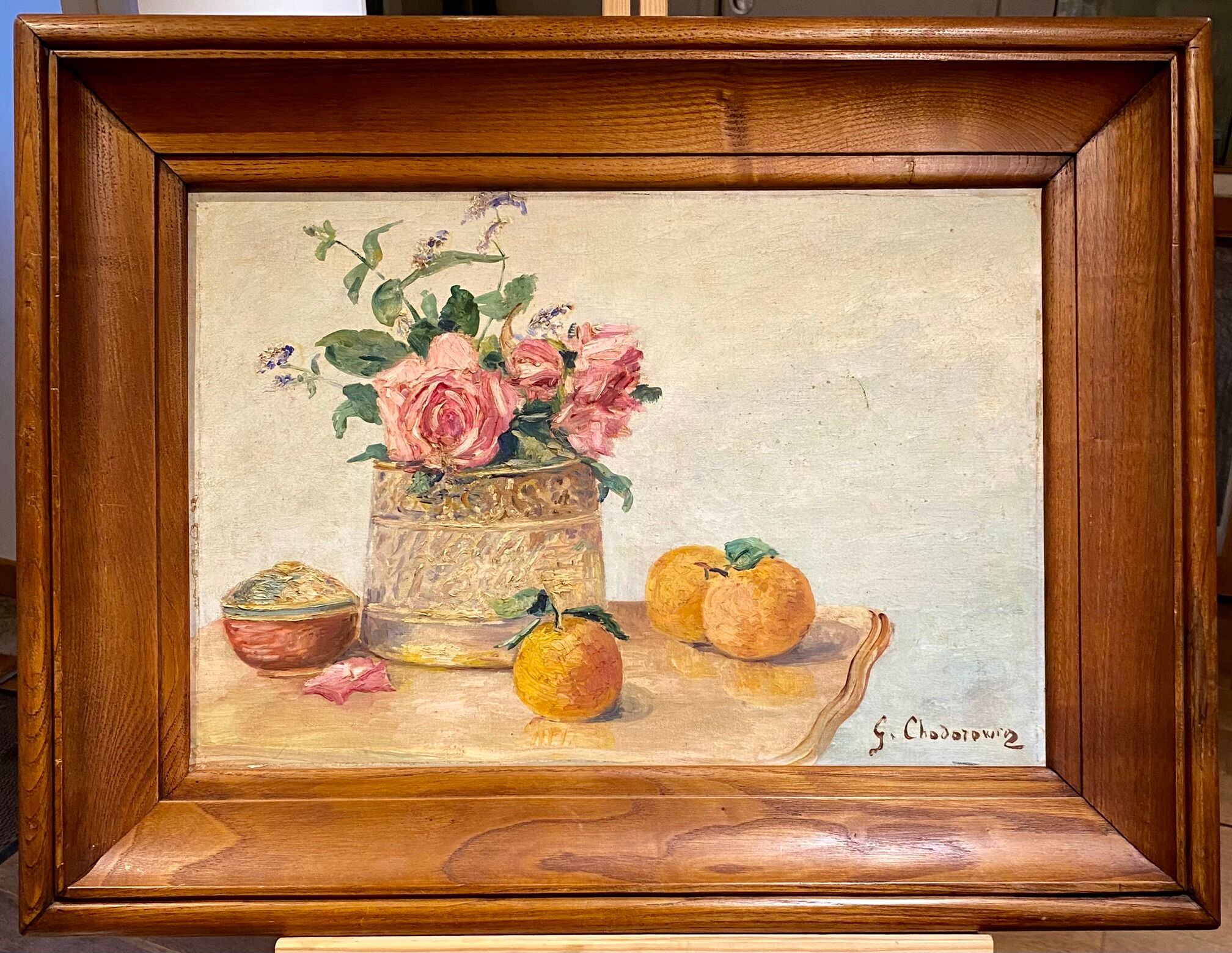 Old painting, still life with roses and oranges, signed circa 1950.